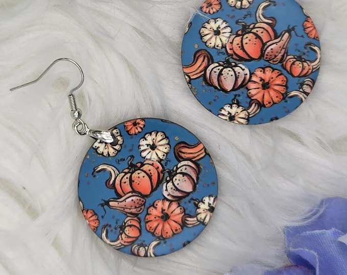 Fall Dangle Earrings, Blue Round Earrings with Pumpkins, Fall Jewelry, Round Earrings