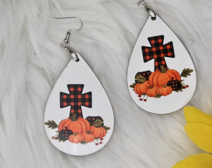 Fall Dangle Earrings, Cross and Pumpkin Earrings, Autumn Jewelry, Fall Cross Earrings