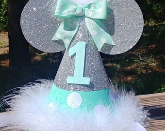 Minnie Mouse birthday party hat mint and silver glitter