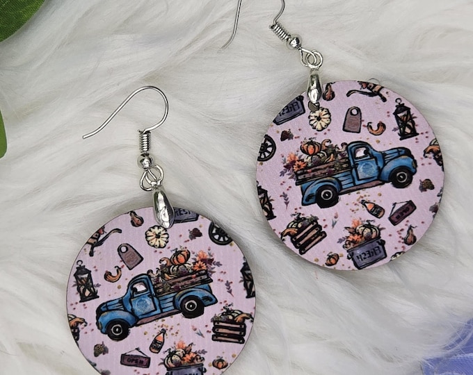 Fall Dangle Earrings, Blue Truck Earrings, Fall Jewelry