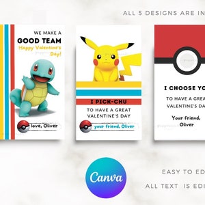 PIKACHU Valentines Cards, Printable Class Valentine's Day Cards, CANVA Editable, Personalized Valentines Tags, Class Party Valentines