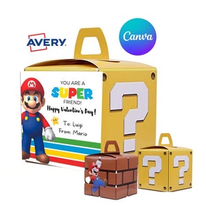Avery Compatible MARIO Valentine Stickers for kids l Super Mario TAGS for Goody Treat Boxes l Editable in CANVA l
