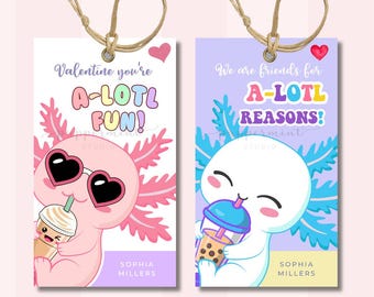 Printable Axolotl Valentines, Kids Classroom Valentine Tags, A-Lotl Fun