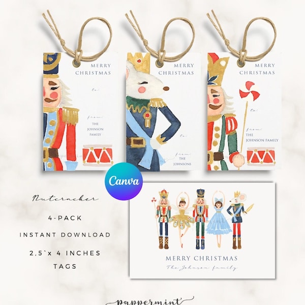 Christmas Perzonalized  tags 4 PACK | Merry Christmas Nutcracker tags |  Editable template in CANVA and Microsoft Word