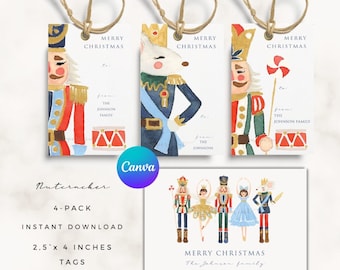 May include: Four printable gift tags featuring watercolor illustrations of nutcracker characters. The tags are 2.5 inches by 4 inches and have the text "Merry Christmas" and "The Johnson Family".