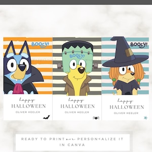 BLUEY Halloween Cards printable - BOOEY Kids Halloween Printable Tags  - Editable in CANVA