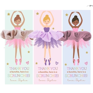 May include: Printable thank you tags featuring three different illustrations of ballerinas in pink, purple, and blue tutus. The text on the tags reads "Thank you a bunchie, here is a scrunchie! Love, Sophie".