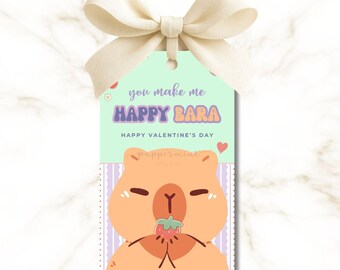 Kawaii Capybara Valentine's Day Tags, Kids School Party Favors (CANVA Editable, PDF Printables)