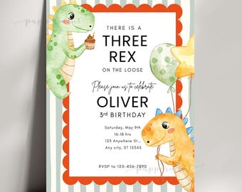 Three Rex Birthday Invitation, Dinosaur Party, Editable CANVA Template (Digital Download)
