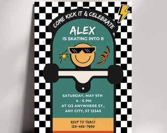 Skate Party Invitation, Retro Smile Face, Editable Birthday Invite (CANVA Template)
