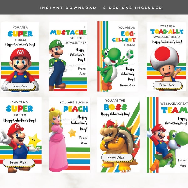 MARIO KART Valentine Cards - Super Mario - Kids Valentines Tags To and From - Yoshi, Peach, Bowser, Luigi, Editable in CANVA