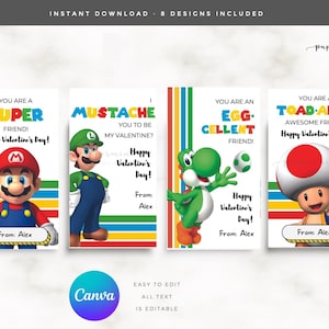 Kids valentines cards  l MARIO Valentine l Editable in CANVA l Instant Download