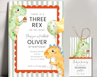Three Rex Birthday Invitation, Dinosaur Party, Editable CANVA Template (Digital Download