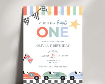 Race Car 1st Birthday Invitation, Fast One, CANVA Template (Digital Download)