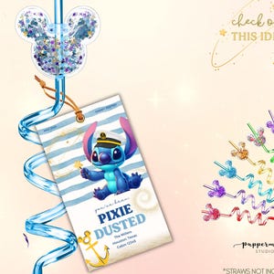 May include: A blue and clear plastic straw with a Mickey Mouse-shaped top filled with glitter. A tag featuring Stitch from Lilo & Stitch reads "Pixie Dusted". The image also includes a variety of colorful straws.