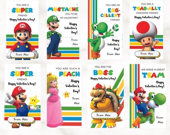 MARIO KART Valentine Cards - Super Mario - Kids Valentines Tags To and From - Yoshi, Peach, Bowser, Luigi, Editable in CANVA