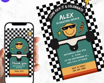 Skate Party Invitation, Retro Smile Face, Editable Birthday Invite (CANVA Template)