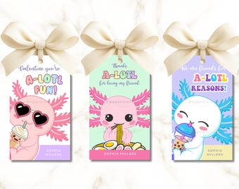 Axolotl Valentine's Day Tags, Printable Kids Classroom Cards (CANVA Editable)