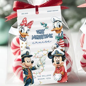 May include: Clear cellophane bags tied with red ribbon, each containing red and white peppermint candies. The bags feature a tag with Disney characters and the text "Very Merrytime Cruise".