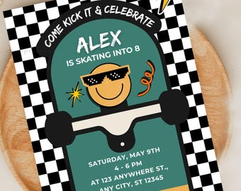 Skateboard Birthday Party Invitation & Tags: Editable CANVA Template
