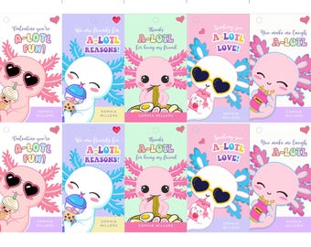 Axolotl Valentine's Day Tags, Kids Classroom Valentines (Instant Download)
