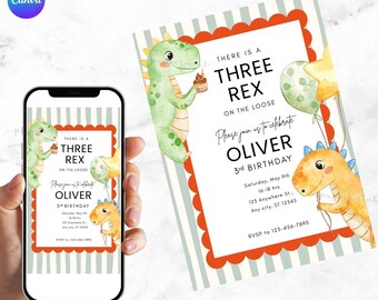 Three Rex Birthday Invitation, Dinosaur Party, Editable CANVA Template (Digital Download)