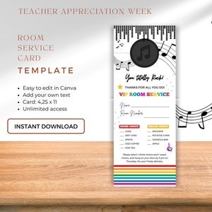 Teacher & Staff VIP Room Service Door Hanger I Editable Rock and roll MUSIC Teacher Appreciation Week VIP Card I Instant Download Canva
