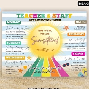 Teacher Appreciation Week Flyer, Itinerary Poster, Beach SUMMER Teacher Appreciation Week Schedule Events INSTANT DOWNLOAD