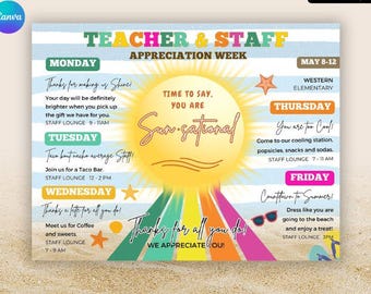 Summer Teacher Appreciation Week Flyer: Beach Theme Itinerary (CANVA Download)