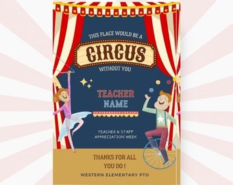 Printable CIRCUS Themed Card I thank you cards I Teacher Appreciation Week  I INSTANT Download  Editable with CANVA