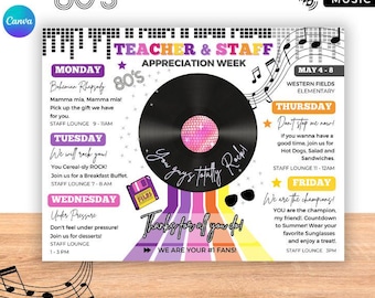 80s Teacher Appreciation Week Flyer: You Rock Itinerary (CANVA Template)
