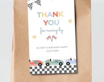 Race Car First Birthday Invitation, Thank You Tags (CANVA Template, Instant Download)