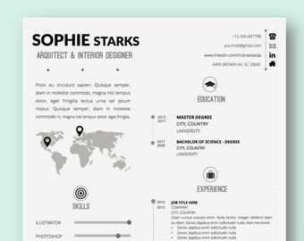 May include: A black and white resume template with a world map, skills bar chart, and language icons. The resume is for Sophie Starks, Architect & Interior Designer. The resume includes contact information, education, and experience.
