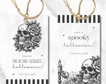 Skeleton Skull Halloween Treat Tags: Personalized Printable (CANVA, PDF)