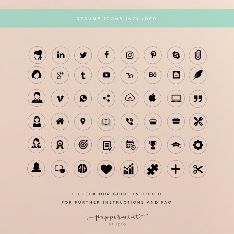 May include: A set of 40 black and white resume icons in circles. The icons include social media platforms, communication, location, education, and more.