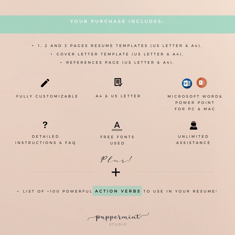 May include: A graphic design listing for a resume template package. The listing includes 1, 2, and 3 page resume templates, a cover letter template, and a references page. The templates are available in US Letter and A4 sizes. The listing also includes free fonts, detailed instructions, unlimited assistance, and a list of 100 action verbs to use in your resume. The listing is for Microsoft Word and Powerpoint and is compatible with PC and Mac.