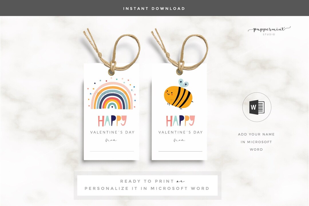 Rainbow Valentines Day Tags: Printable Treat Favor, Editable Template ...