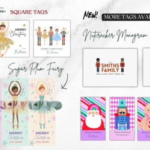 Puede incluir: Una colecci&oacute;n de etiquetas y tarjetas de regalo con tem&aacute;tica navide&ntilde;a. La imagen presenta etiquetas cuadradas con cascanueces, bailarinas y una familia de cascanueces. Tambi&eacute;n hay tarjetas con monogramas y etiquetas con Pap&aacute; Noel, un soldado de plomo y un hombre de jengibre. El texto incluye "Feliz Navidad".