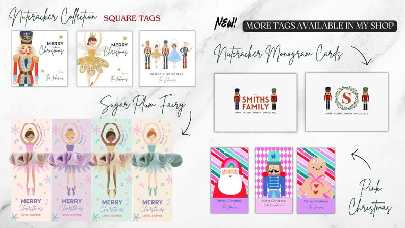 Puede incluir: Una colecci&oacute;n de etiquetas y tarjetas de regalo con tem&aacute;tica navide&ntilde;a. La imagen presenta etiquetas cuadradas con cascanueces, bailarinas y una familia de cascanueces. Tambi&eacute;n hay tarjetas con monogramas y etiquetas con Pap&aacute; Noel, un soldado de plomo y un hombre de jengibre. El texto incluye "Feliz Navidad".