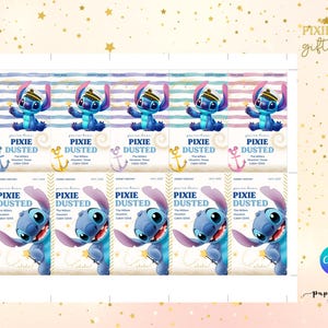 May include: Set of ten "Pixie Dusted" gift tags featuring the character Stitch from Lilo & Stitch. Each tag has a blue and purple watercolor background, Stitch illustration, and anchor graphic. The tags are designed for Disney Destiny.