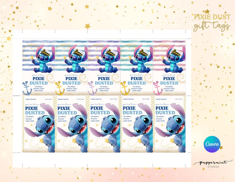 May include: Set of ten "Pixie Dusted" gift tags featuring the character Stitch from Lilo & Stitch. Each tag has a blue and purple watercolor background, Stitch illustration, and anchor graphic. The tags are designed for Disney Destiny.