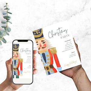 Puede incluir: Una invitaci&oacute;n a una fiesta de Navidad con una ilustraci&oacute;n de acuarela de un soldado cascanueces. La invitaci&oacute;n incluye el texto "Christmas Party" y los detalles del evento. Un smartphone muestra el mismo dise&ntilde;o.