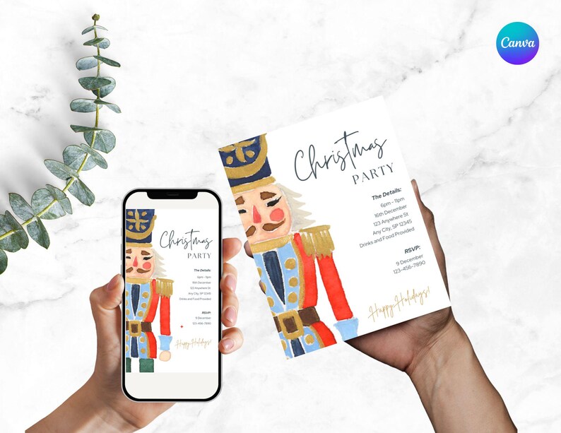Puede incluir: Una invitaci&oacute;n a una fiesta de Navidad con una ilustraci&oacute;n de acuarela de un soldado cascanueces. La invitaci&oacute;n incluye el texto "Christmas Party" y los detalles del evento. Un smartphone muestra el mismo dise&ntilde;o.