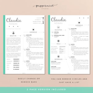 May include: A two-page resume template with a teal and black color scheme. The resume is for an elementary teacher named Claudia Nowak. The resume includes sections for about me, experience, education, skills, references, and contact information. The resume also includes a section for easily changing or removing bars.
