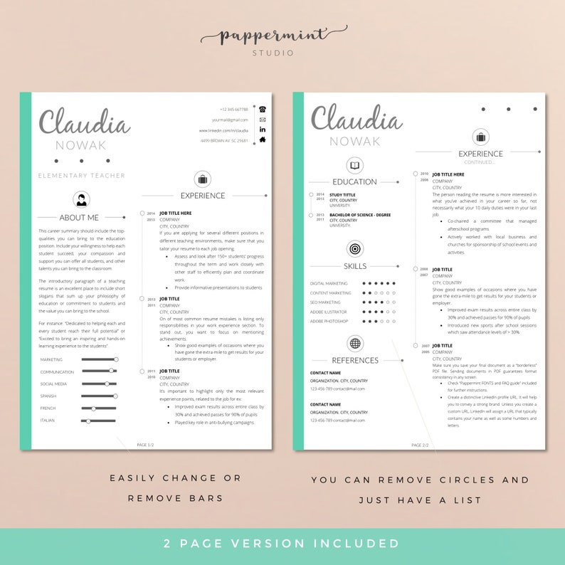 May include: A two-page resume template with a teal and black color scheme. The resume is for an elementary teacher named Claudia Nowak. The resume includes sections for about me, experience, education, skills, references, and contact information. The resume also includes a section for easily changing or removing bars.