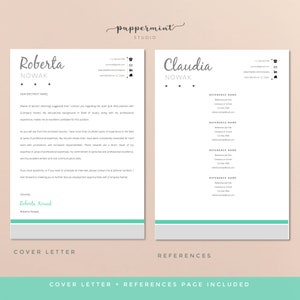 May include: A cover letter and references page template for a job application. The template is designed in a minimalist style with a light gray background and a teal accent color. The text is in black and white. The template includes a cover letter section and a references section. The cover letter section includes a space for the applicant's name, contact information, and a brief introduction. The references section includes a space for the applicant to list their references.