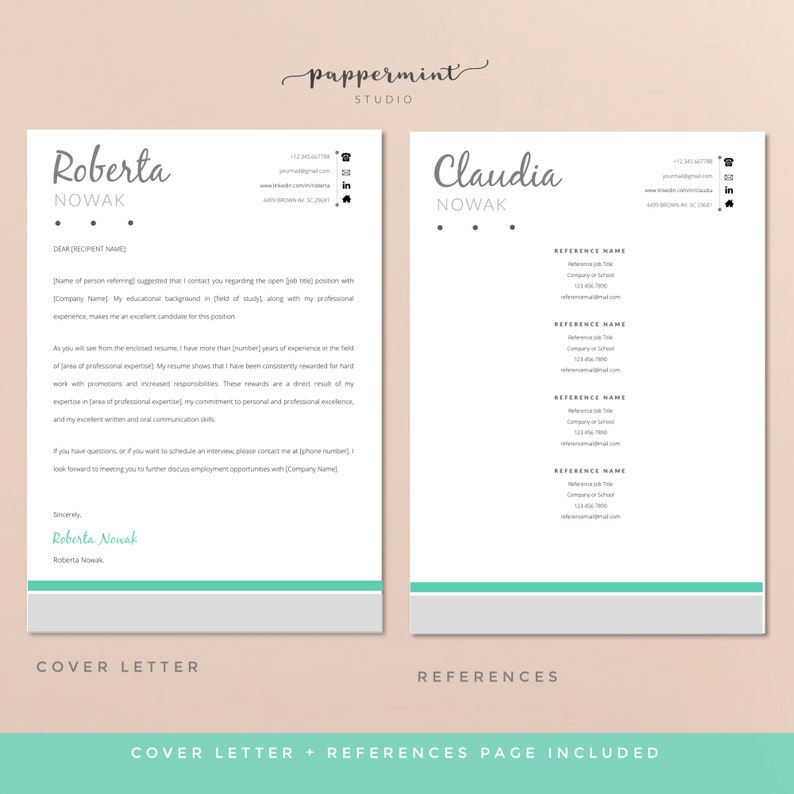 May include: A cover letter and references page template for a job application. The template is designed in a minimalist style with a light gray background and a teal accent color. The text is in black and white. The template includes a cover letter section and a references section. The cover letter section includes a space for the applicant's name, contact information, and a brief introduction. The references section includes a space for the applicant to list their references.