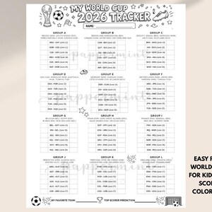 May include: Black and white printable World Cup 2026 tracker sheet for kids. Includes sections for groups A through L, with space to write the name, and predict the top scorer. Features soccer ball and trophy illustrations.