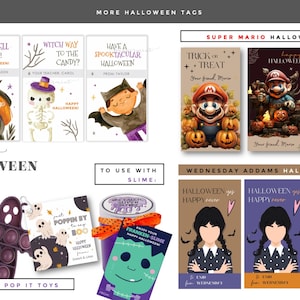 Puede incluir: Una colecci&oacute;n de etiquetas de regalo con tem&aacute;tica de Halloween con varios dise&ntilde;os. Las etiquetas presentan ilustraciones de una bruja, un esqueleto, un murci&eacute;lago y personajes de Super Mario. El texto incluye "Trick or Treat" y "Happy Halloween".
