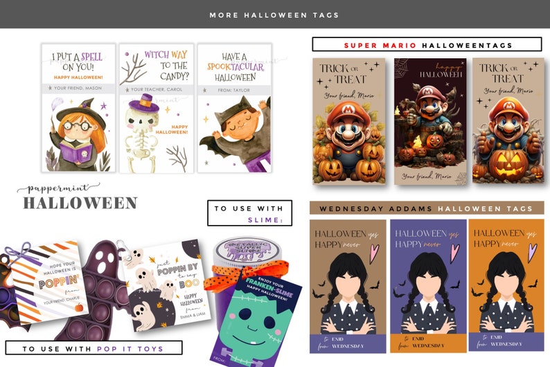 Puede incluir: Una colecci&oacute;n de etiquetas de regalo con tem&aacute;tica de Halloween con varios dise&ntilde;os. Las etiquetas presentan ilustraciones de una bruja, un esqueleto, un murci&eacute;lago y personajes de Super Mario. El texto incluye "Trick or Treat" y "Happy Halloween".